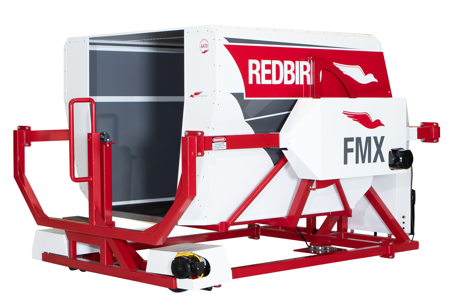 Redbird FMX FAA-certified flight simulator with a white and red structure, labeled 'REDBIRD' and 'FMX'. Advanced Aviation Training Device