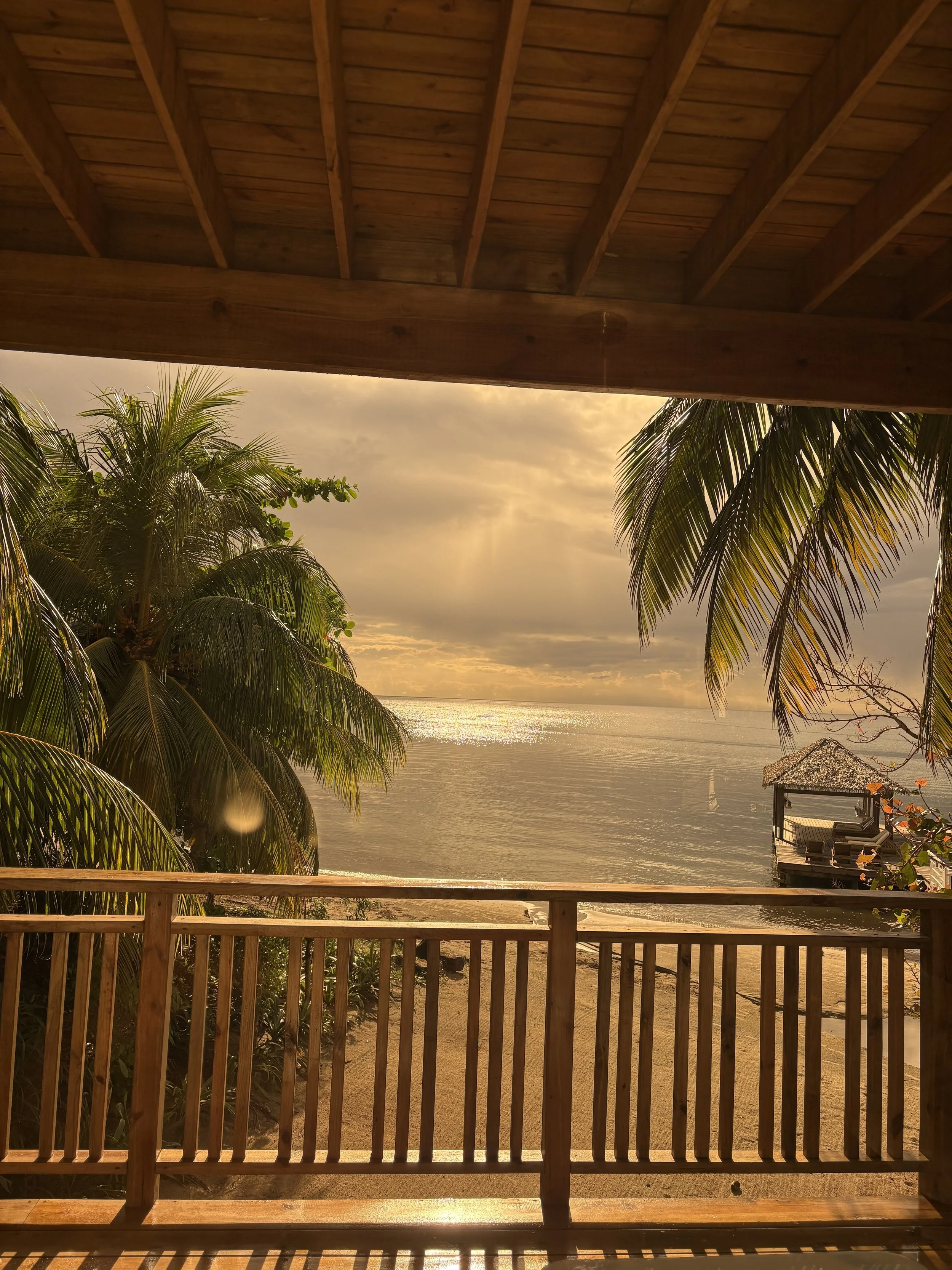 Beach view with palm trees, a thatched hut on the water, and an ocean sunset seen from a wooden balcony.