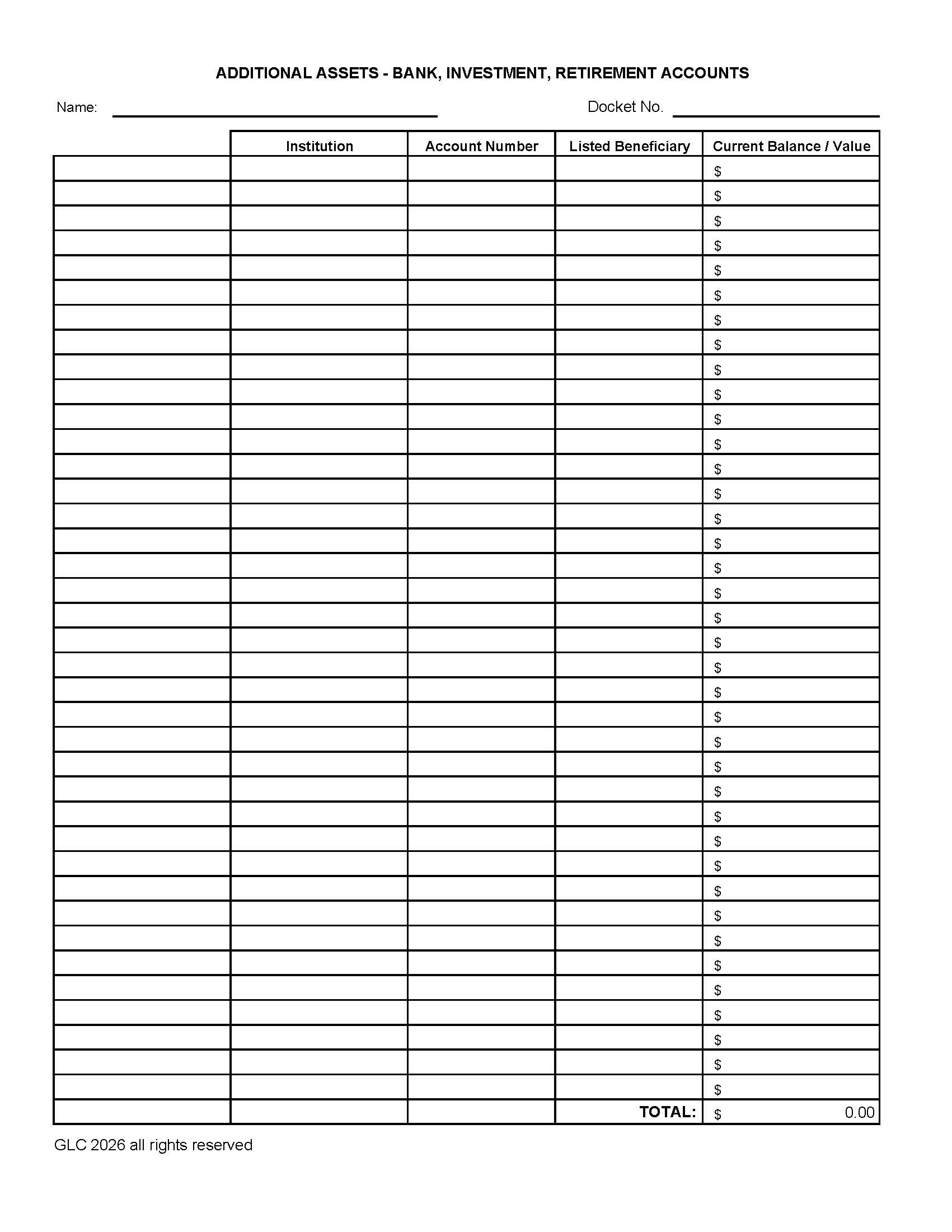 Financial Statement - Self-calculating worksheet - Additional Assets