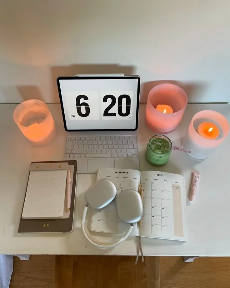 A desk view with a tablet displaying the time 6:20 PM, a wireless keyboard, a notepad with pink pen, a closed planner, a calorie tracker, a stethoscope, a glass of green beverage with a straw, three candles, and a tube of hand cream.