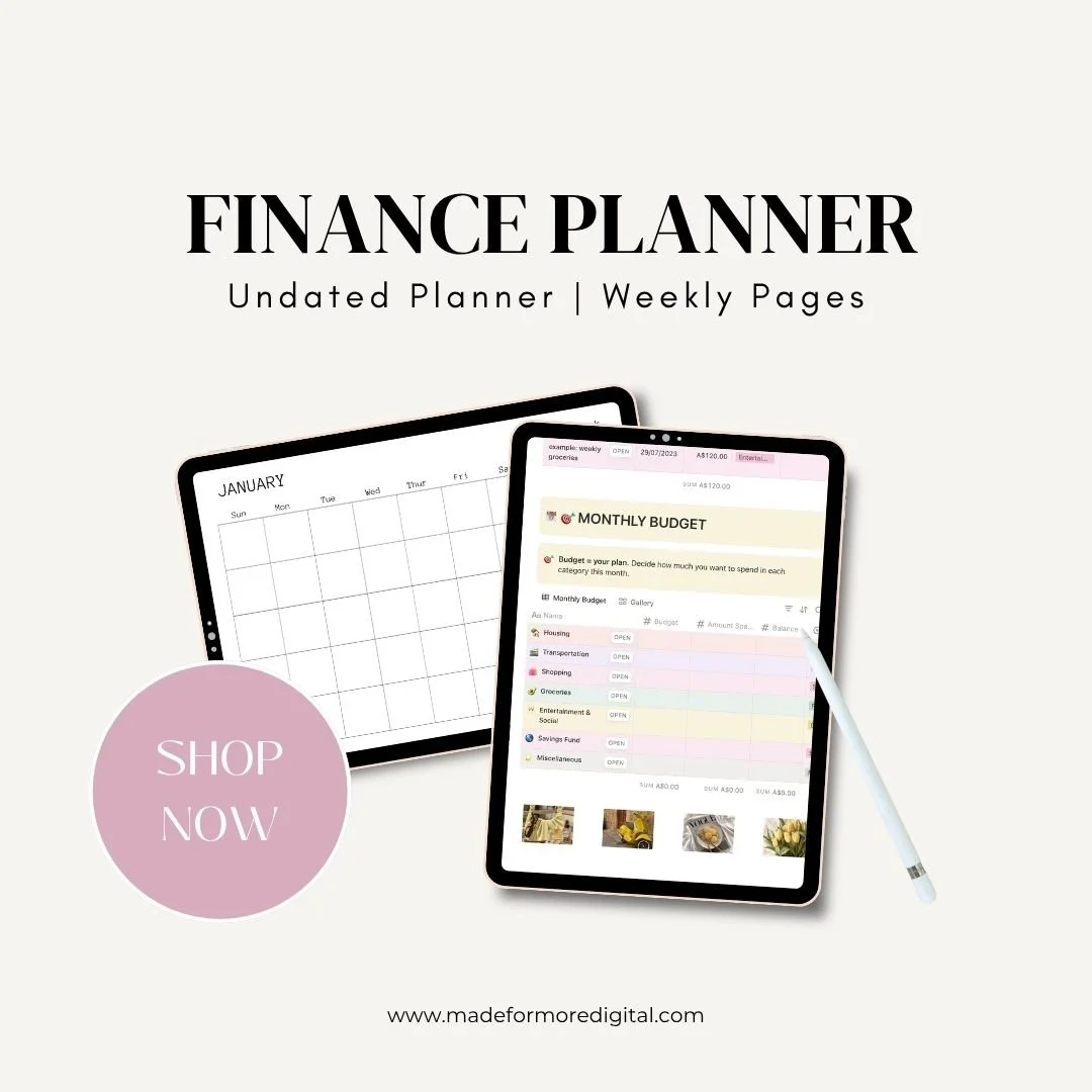 Aesthetic Canva finance planner layout with sections for budgeting, saving money, tracking expenses, setting financial goals and planning monthly spending.