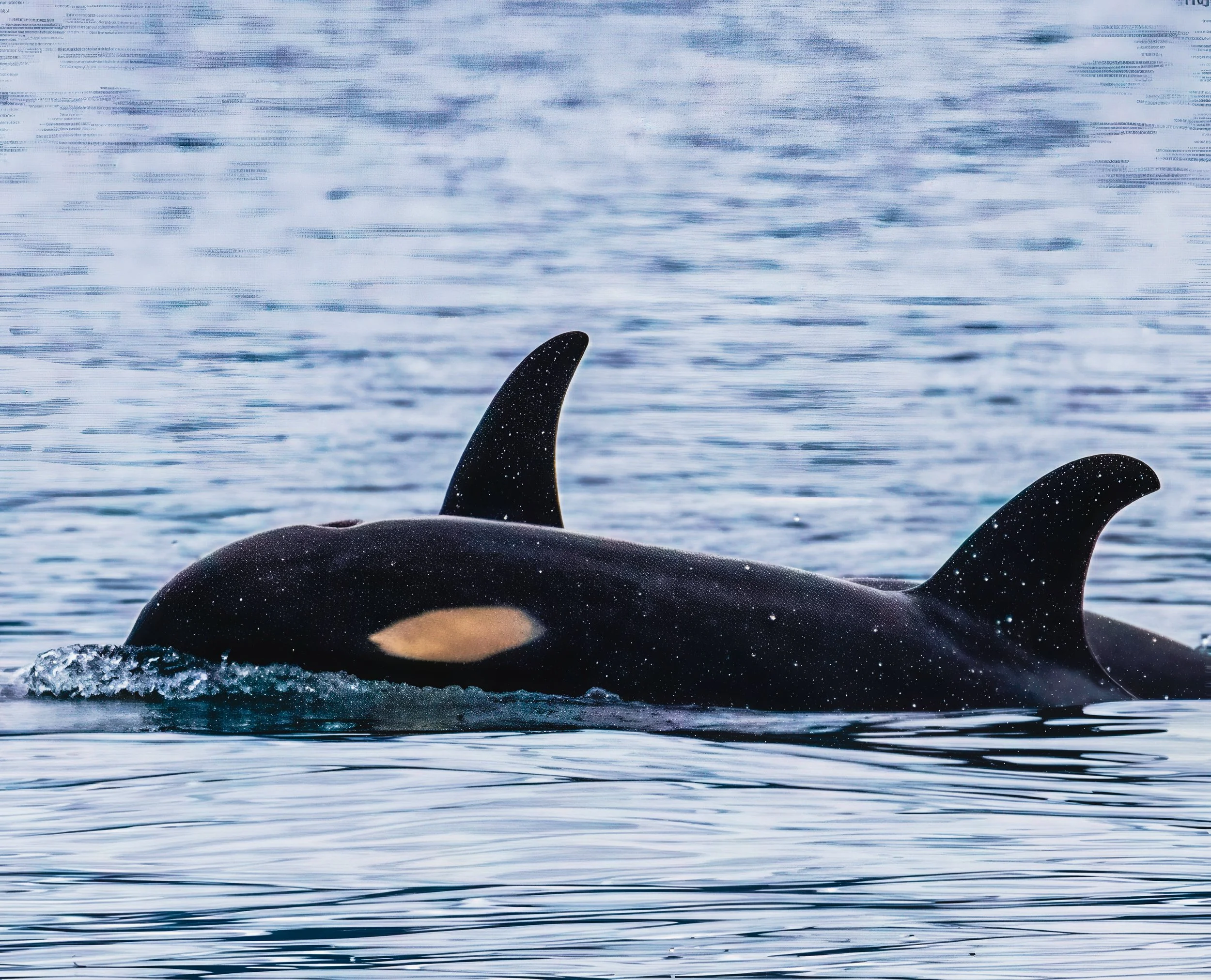 Orca whale swimming in the ocean, seen from the side with dorsal fin and part of body above water.