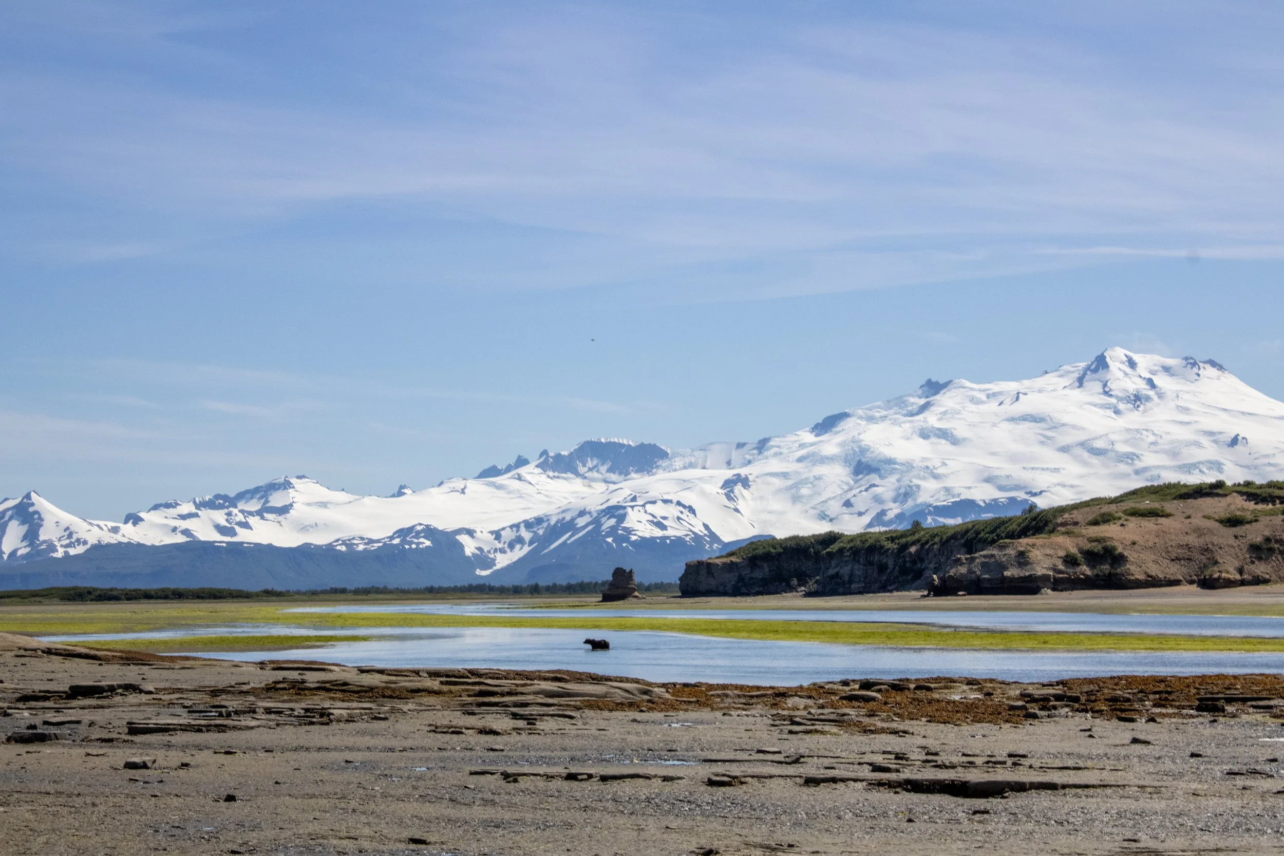 Snow-capped mountains over a grassy and sandy riverbank with water, cliffs, and blue sky.