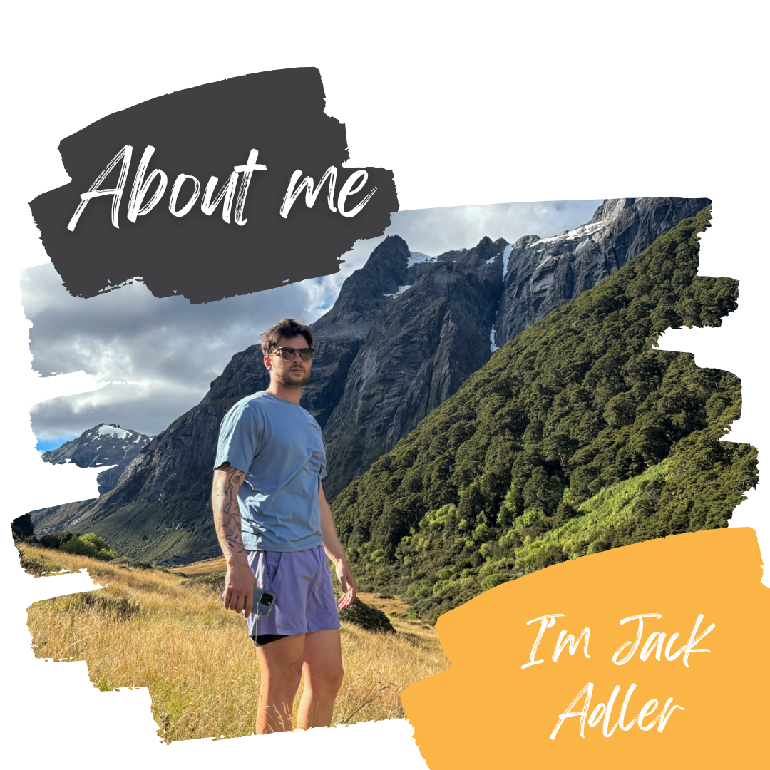 A man standing outdoors in front of mountains and greenery, wearing sunglasses, a light blue t-shirt, and purple shorts, holding a phone. Text overlays read "About me" and "I'm Jack Adler."