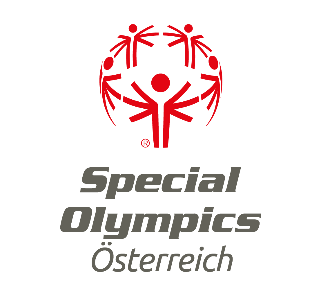 Das Logo der Special Olympics Österreich, bestehend aus einem roten menschlichen Symbolkreis und dem Text 'Special Olympics Österreich' in grauer Schrift auf schwarzem Hintergrund.