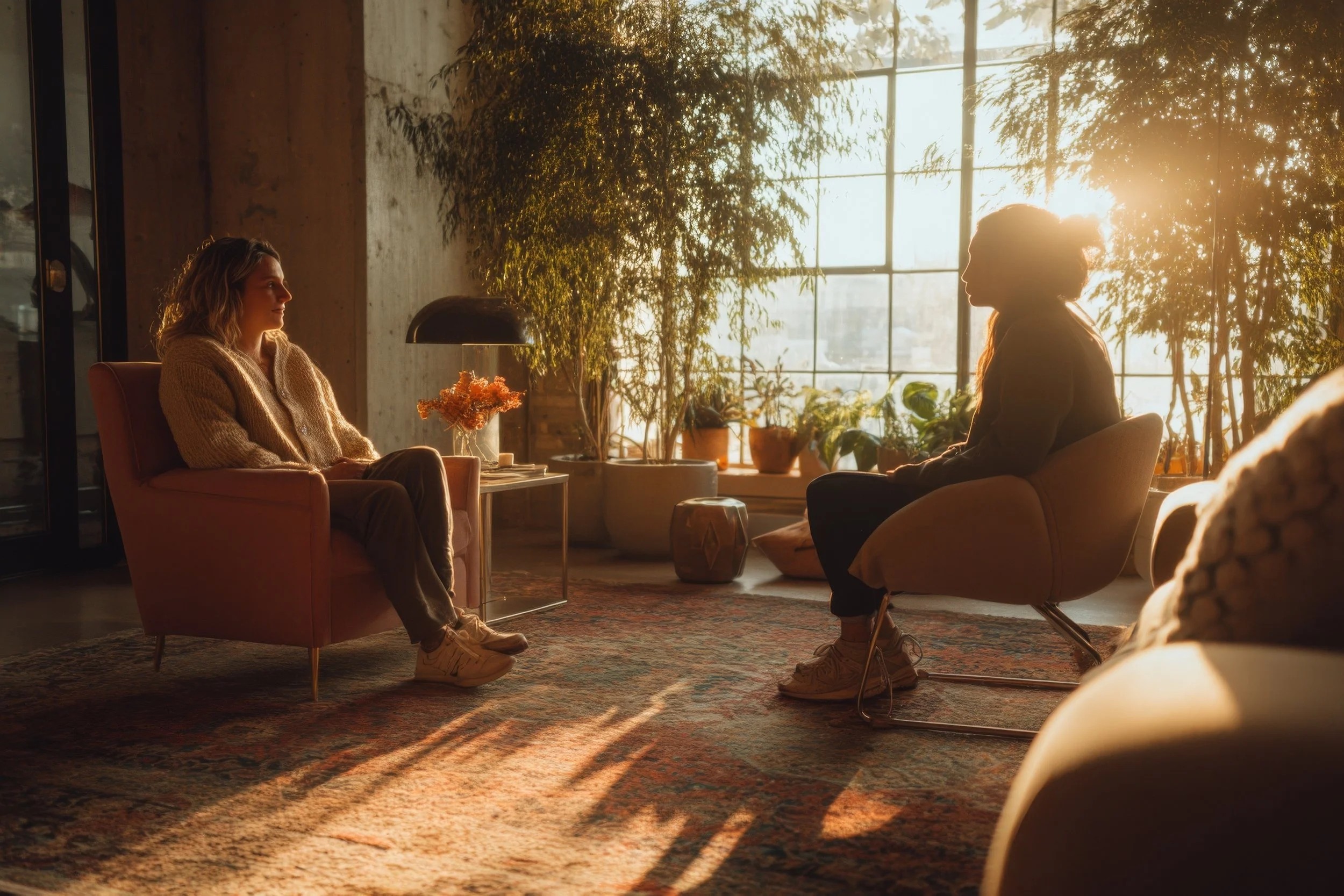 Two women sitting in a warmly lit room with large windows, plants, and sunlight streaming in, engaged in a conversation.