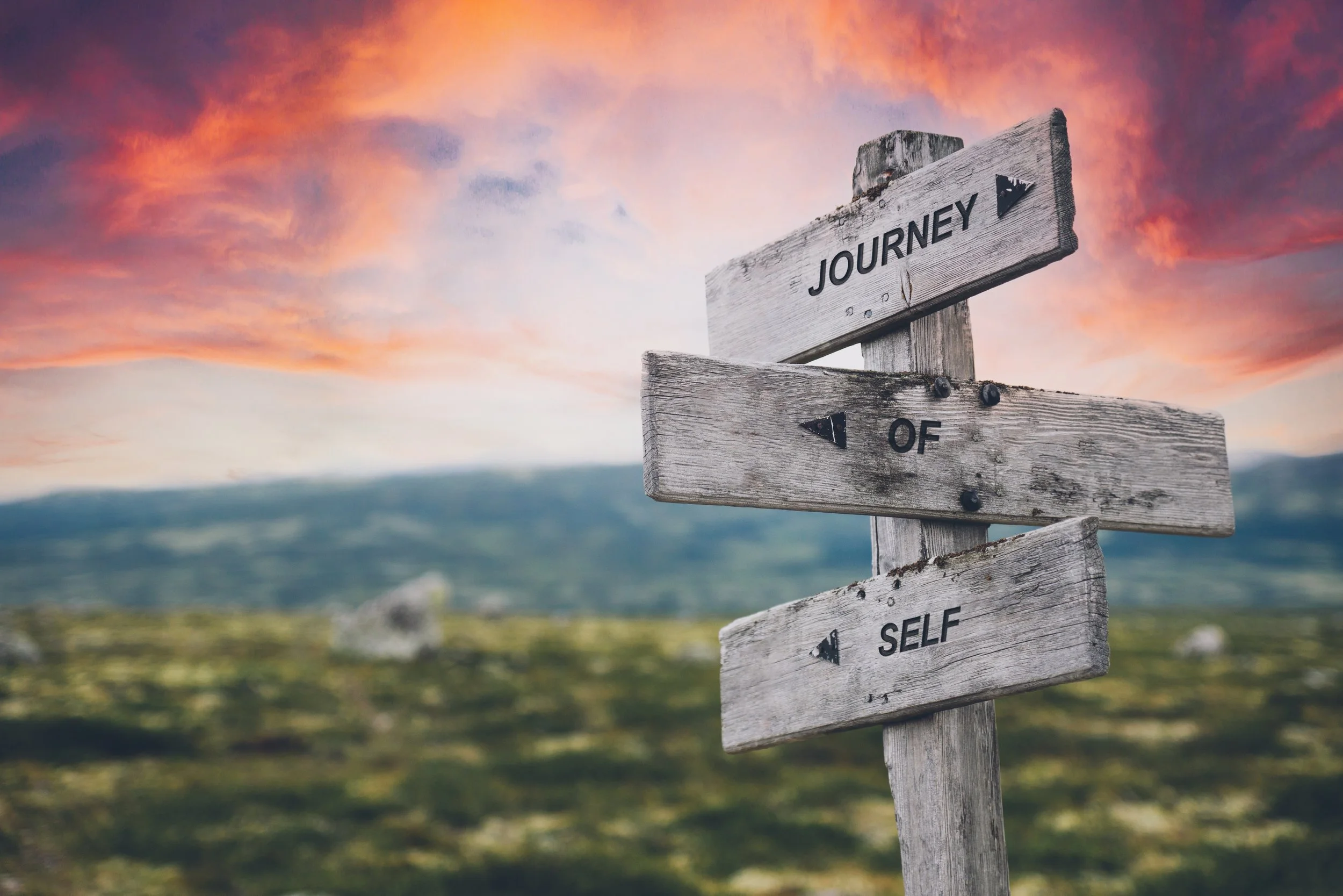 A rustic wooden signpost with three directional signs reading 'Journey,' 'Of,' and 'Self,' against a scenic landscape with a sunset sky and green hillside.