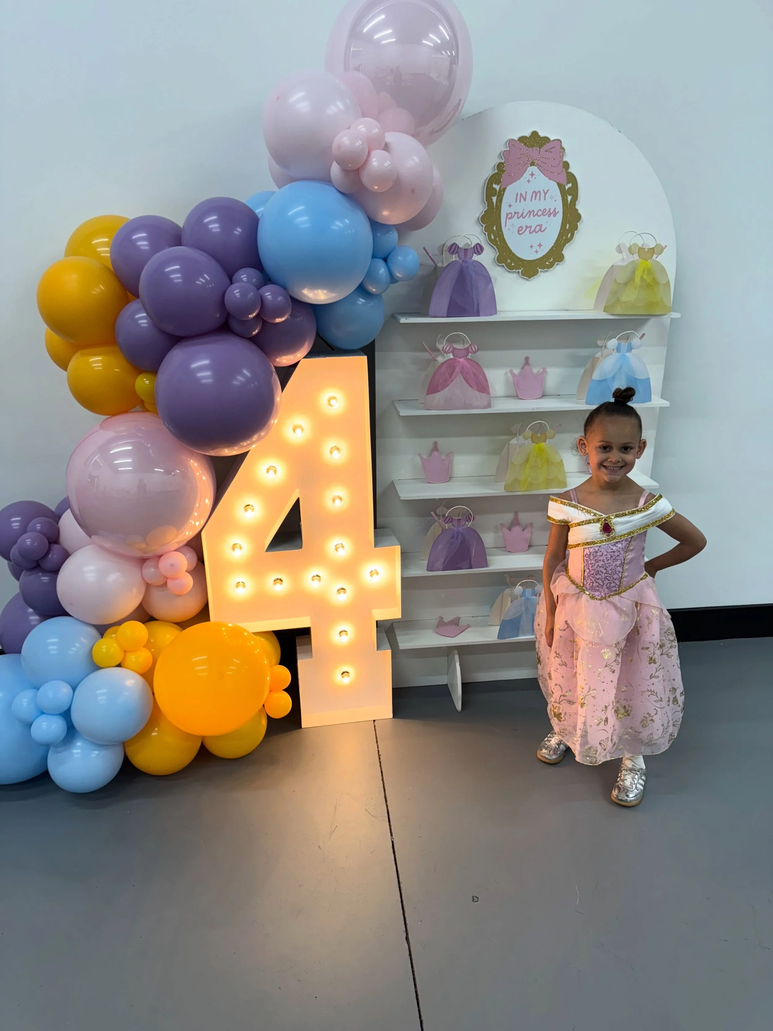 Happy birthday to the sweetest little princess 👑 ! Thank you for celebrating your FOURTH birthday with us. 

This precious princess party used our in house services to elevate the occasion!

👑 Upgraded Linens 
👑 Bounce House 
👑 Backdrop + Balloon