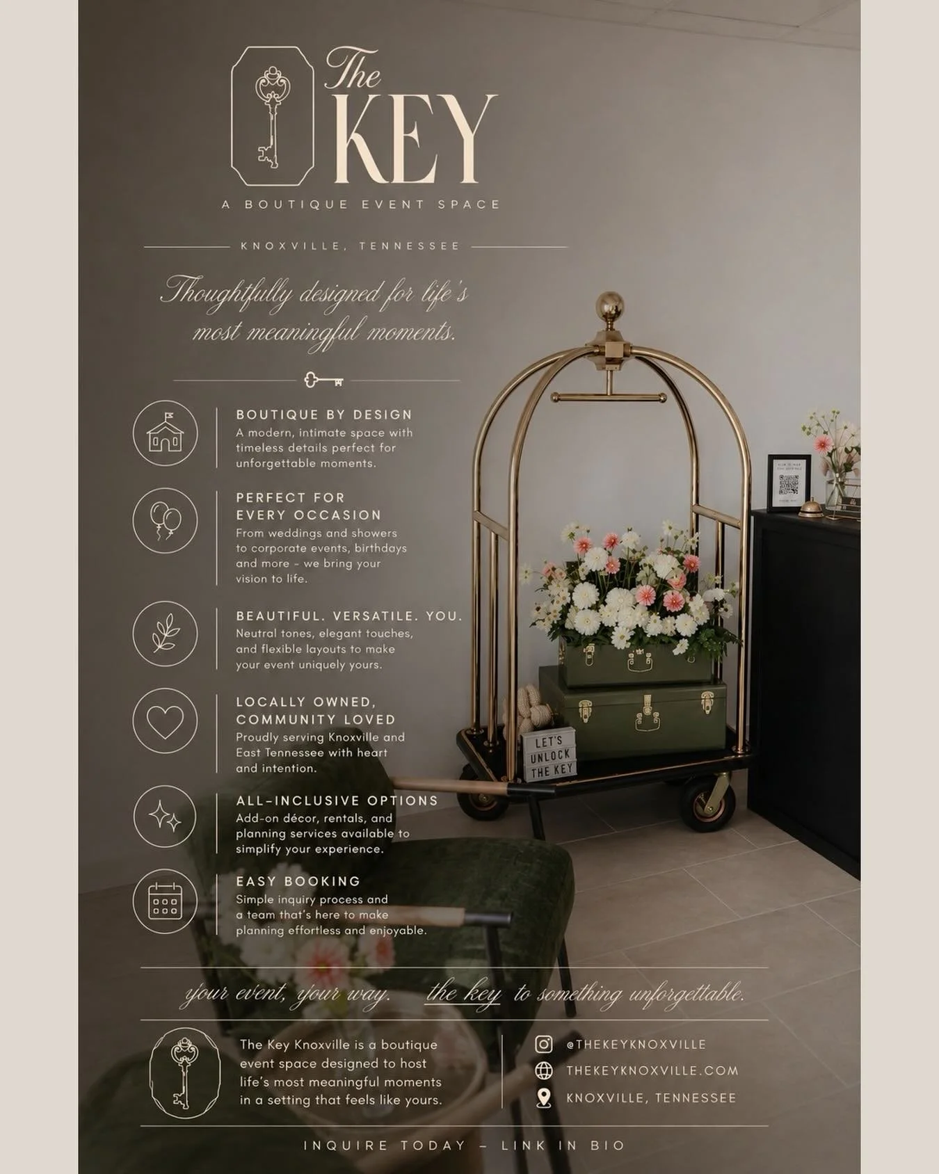 The Key Knoxville is a boutique event space thoughtfully designed to host celebrations, gatherings, and special occasions of all kinds. From weddings, showers, birthdays, graduations, and anniversaries to corporate events, networking functions, works