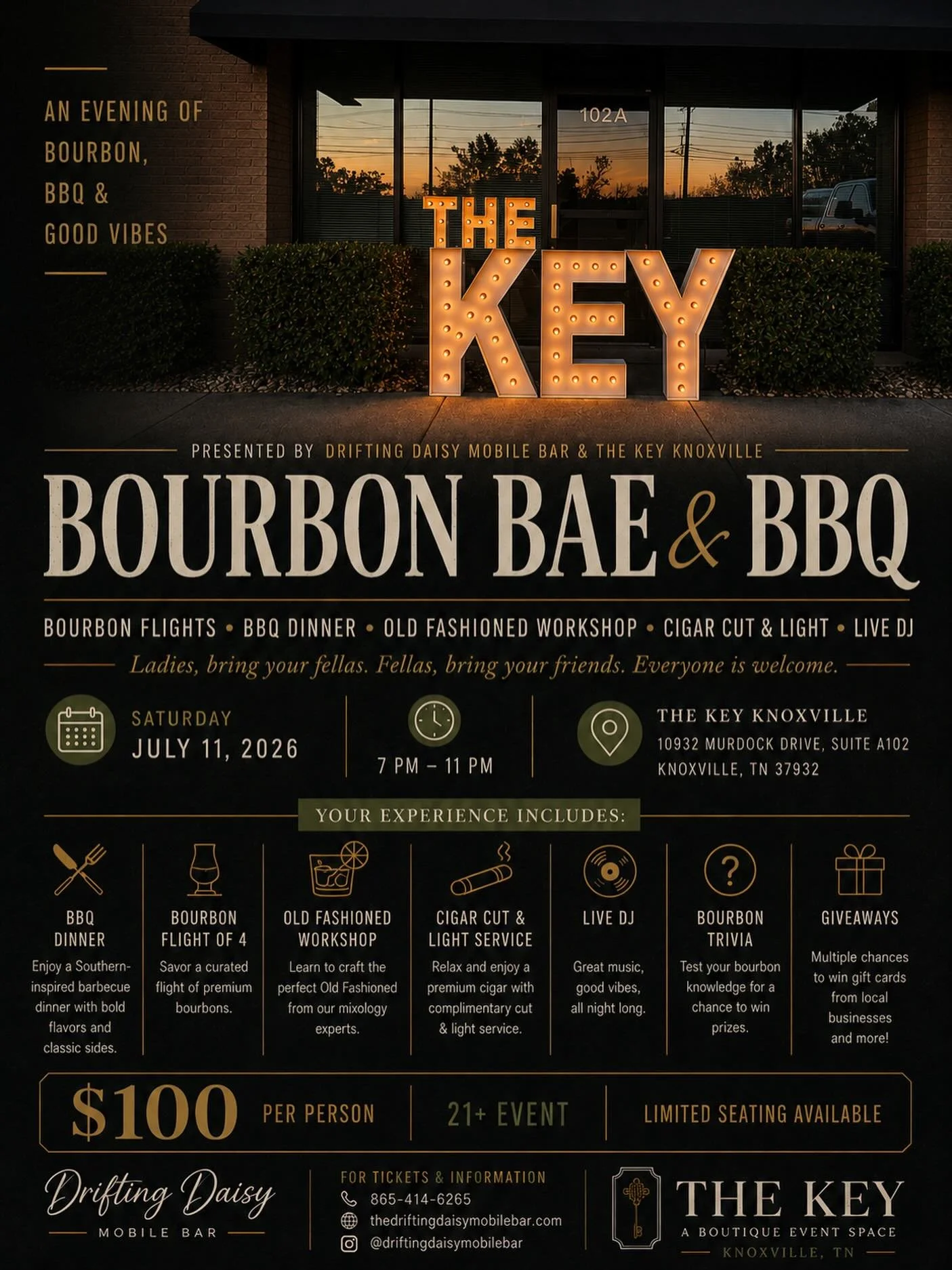 Join Daisy and the @driftingdaisymobilebar family for an unforgettable evening of bourbon, BBQ, cigars, music, and great company at The Key Knoxville. Whether you&rsquo;re planning a date night, gathering with friends, or simply looking for a unique 