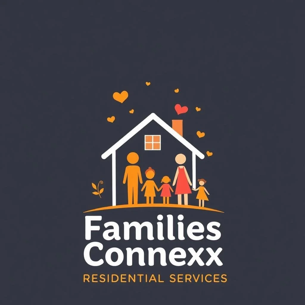 Logo for Families Connexx residential services featuring a family silhouette inside a house with hearts and a small plant, and the text 'Families Connexx RESIDENTIAL SERVICES'.