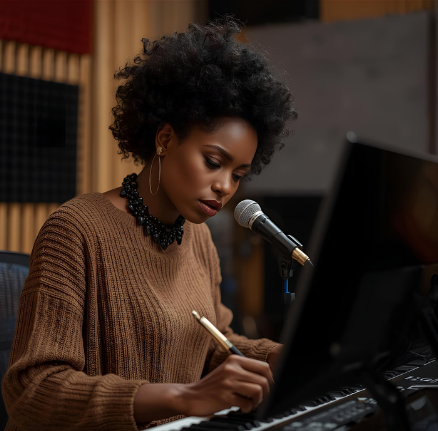 Woman with curly hair wearing a brown sweater and black beaded necklace, sitting at a piano with a microphone, writing in a notebook in a recording studio.