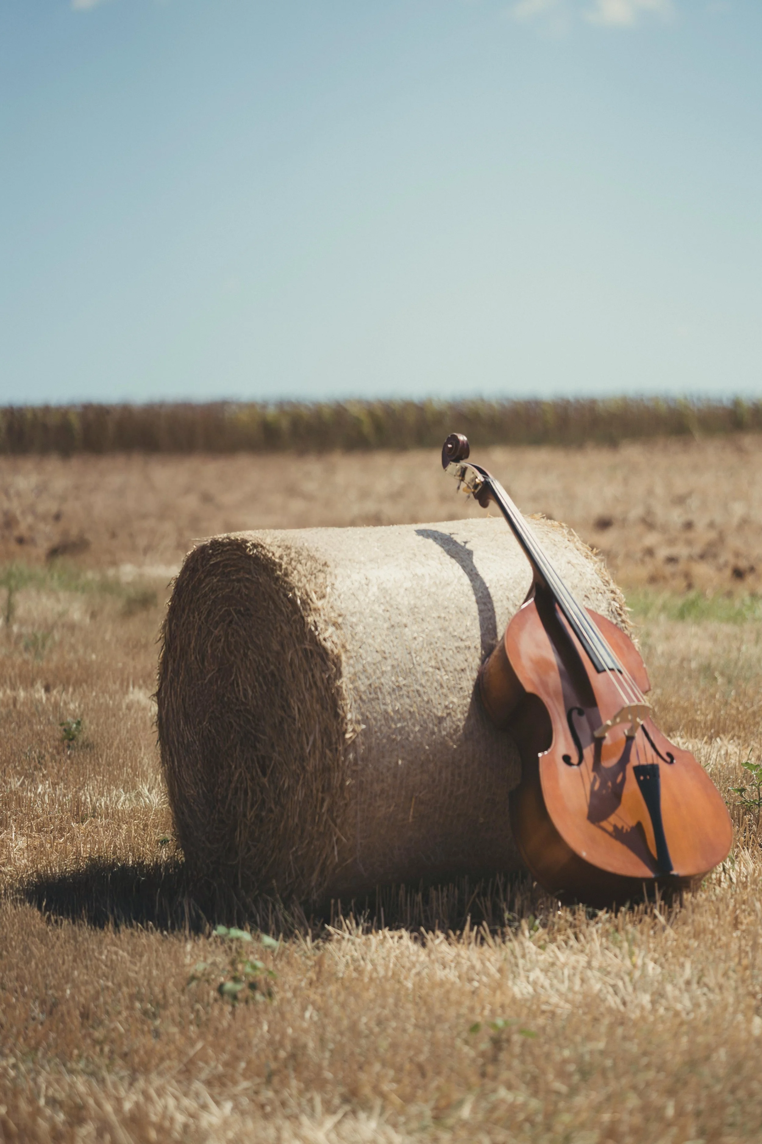 A violin leaning against a large hay bale in an open field under clear sky.