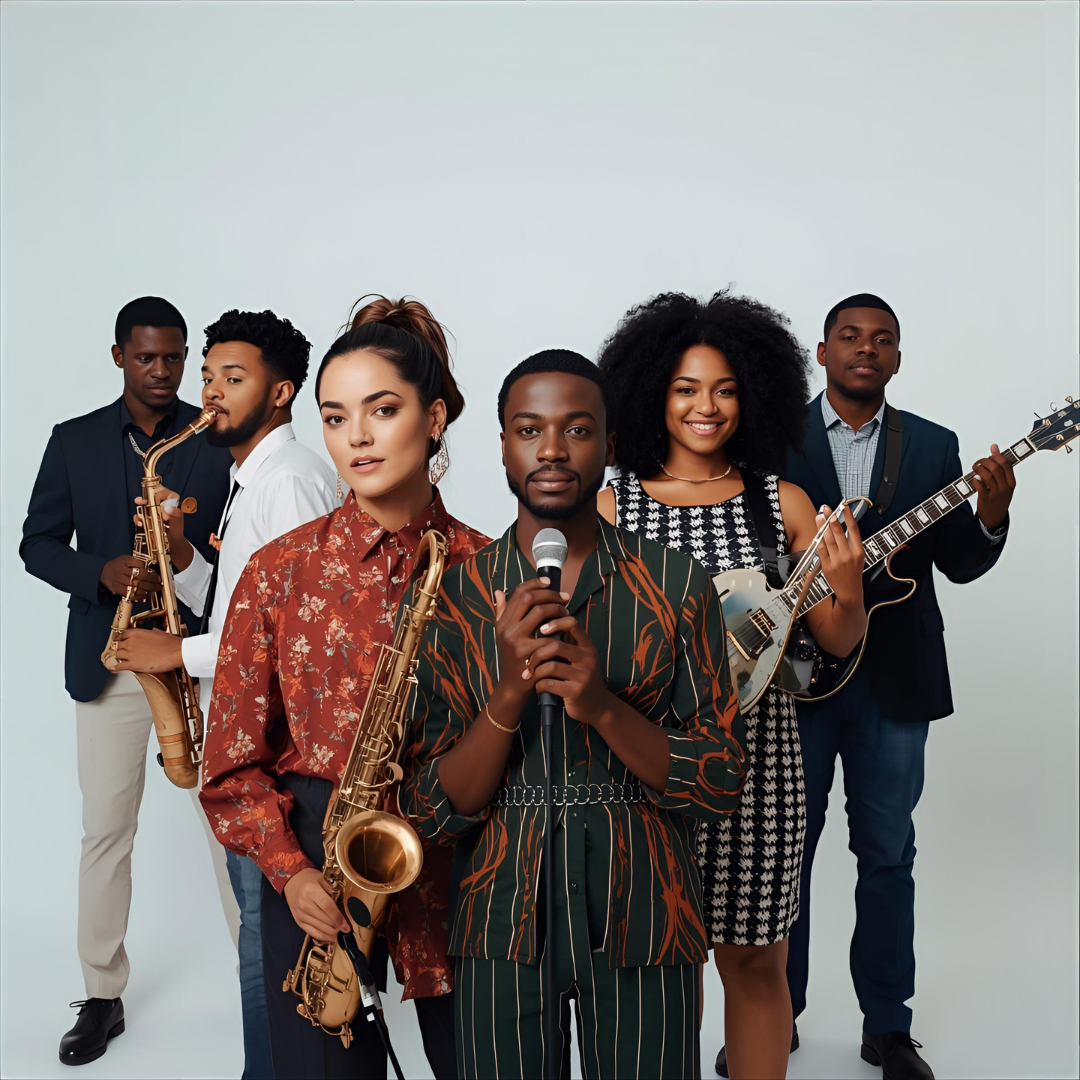 Group of six diverse musicians holding instruments and microphone, posing against a plain background.