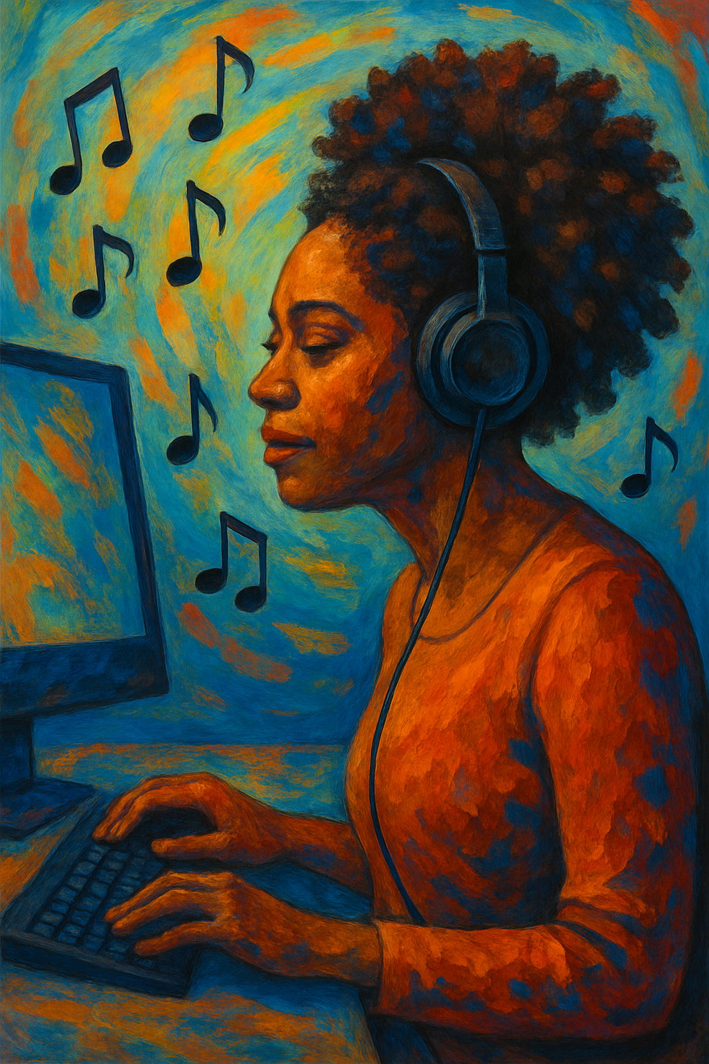 A painting of a woman with natural curly hair wearing headphones, sitting at a computer and enjoying music with musical notes emanating from the screen.
