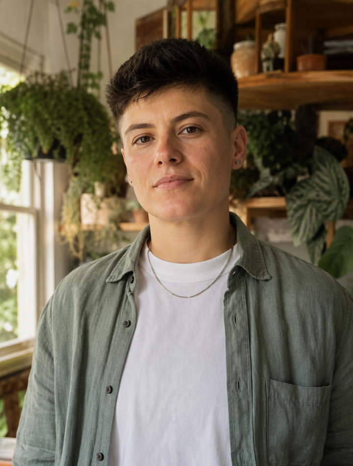 A person with short dark hair, wearing a light green button-up shirt over a white t-shirt, standing indoors with wooden shelves and plants in the background.