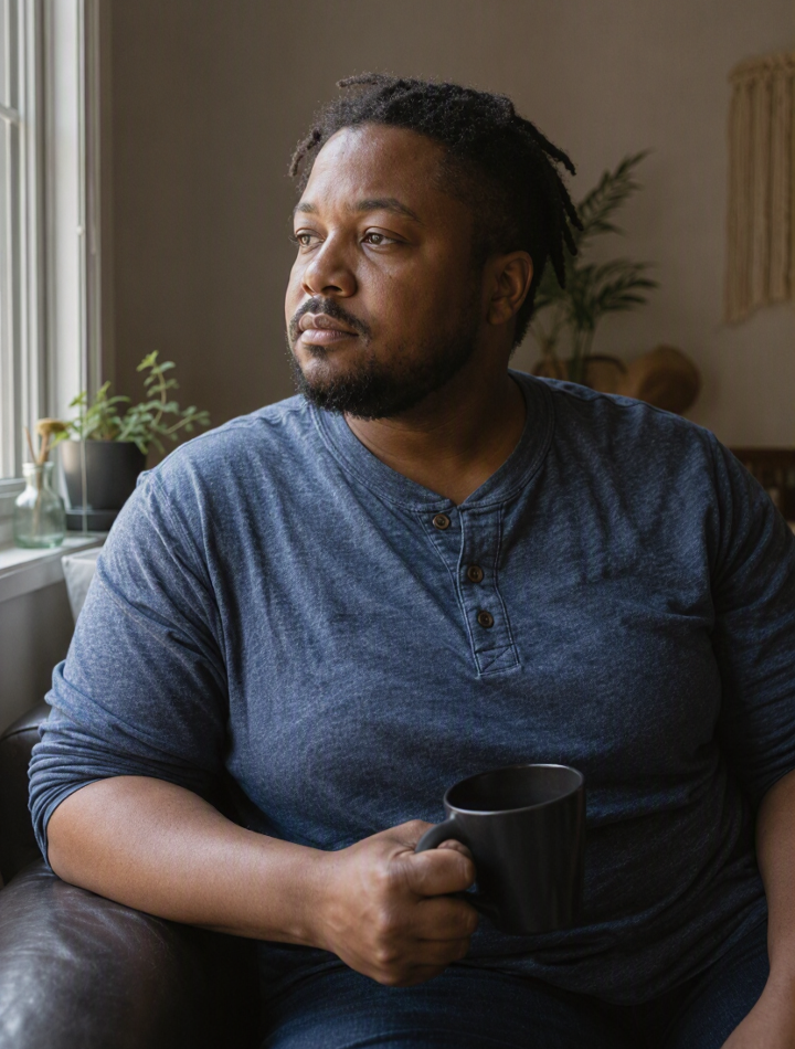 A man with dreadlocks and a beard sitting by a window, holding a black mug, looking thoughtfully outside in a cozy room with plants and wall decor.
