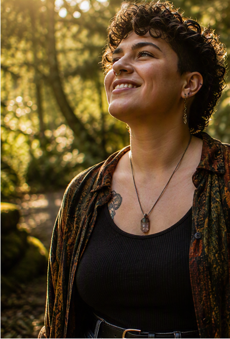 A person with short curly hair smiling outdoors in a forest, wearing a black tank top, a patterned jacket, and layered necklaces.
