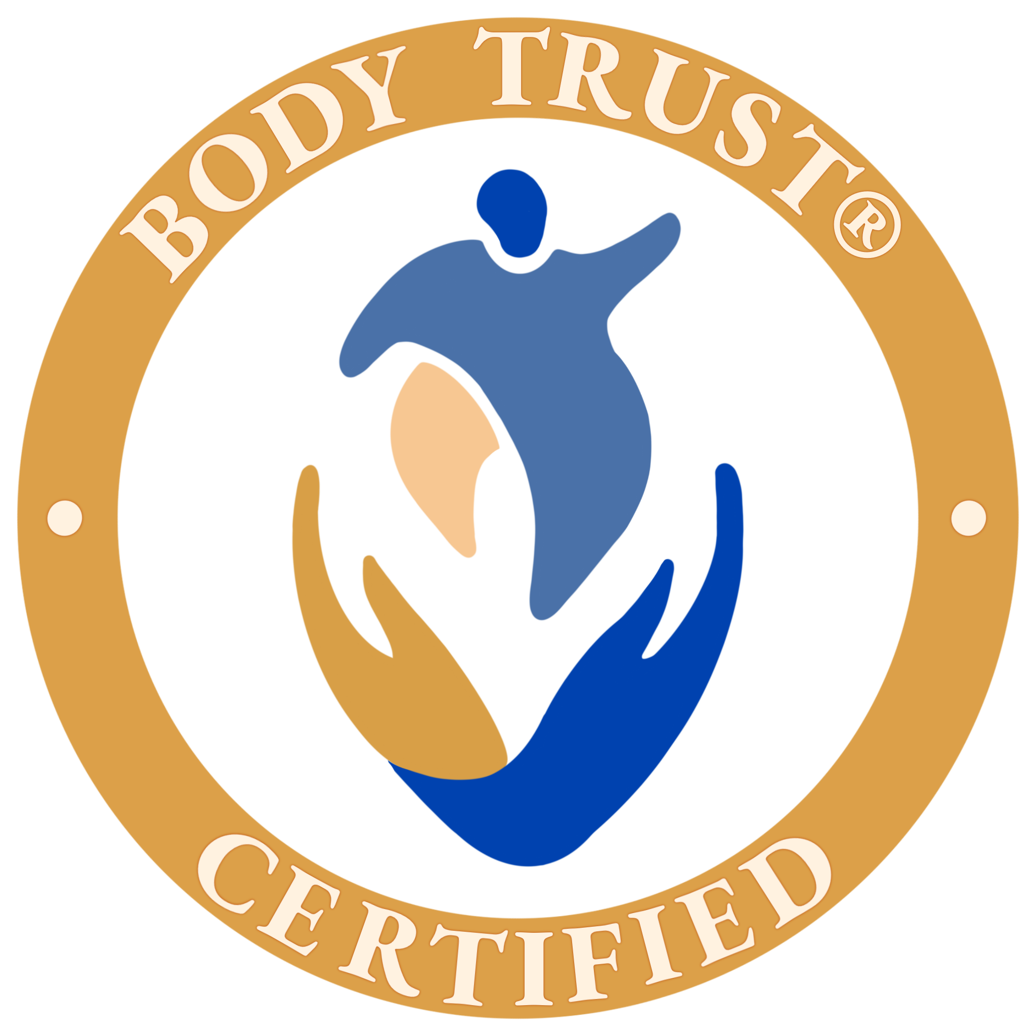 Body Trusted Certified logo with a stylized human figure and hands in blue and beige colors, enclosed in a circular gold border with the words 'BODY TRUSTED CERTIFIED'.