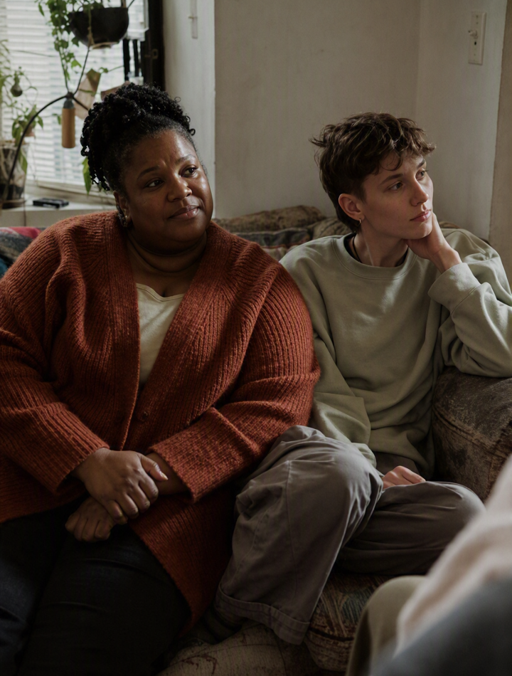 Two people sitting on a couch, appearing thoughtful or concerned, in a cozy living room setting.