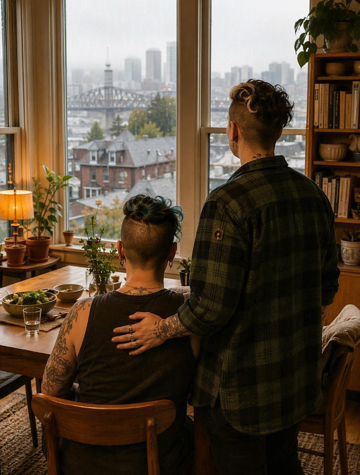Two people with tattoos, one seated and the other standing with hand on the seated person's back, in a cozy dining area with large windows overlooking a cityscape with a bridge and tall buildings.