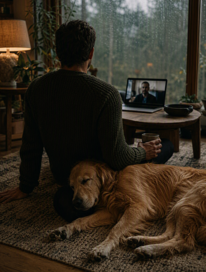 A person with dark hair, wearing a dark sweater, sits on a carpeted floor in front of a window with rain. They hold a mug and is facing a laptop displaying a video call A golden retriever is lying next to them