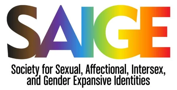 The word 'SAGE' in large, colorful letters with a definition below that reads, 'Society for Sexual, Affective, Intersex, and Gender Expansive Identities.'