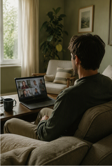 Man participating in a virtual meeting on his laptop in his living room.