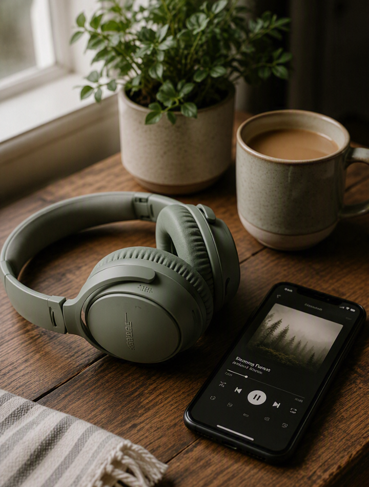 A pair of Bose headphones, a smartphone playing music titled 'Extending Forest,' a cup of coffee, and a potted plant on a wooden table near a window.