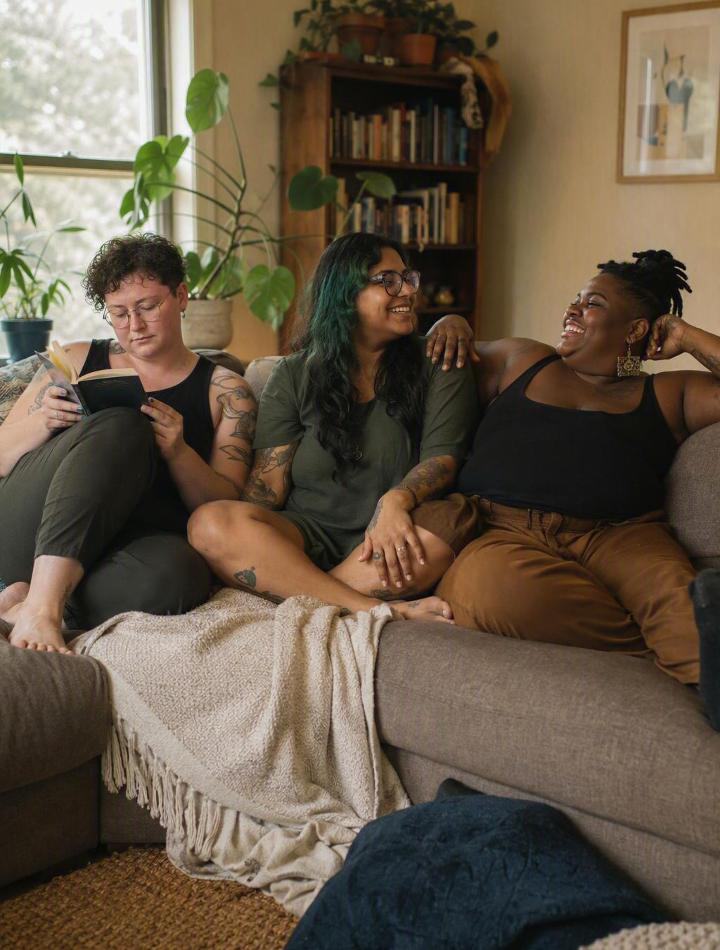Three people sitting on a beige couch in a cozy living room, smiling and talking, with a large window, houseplants, and a bookshelf in the background.