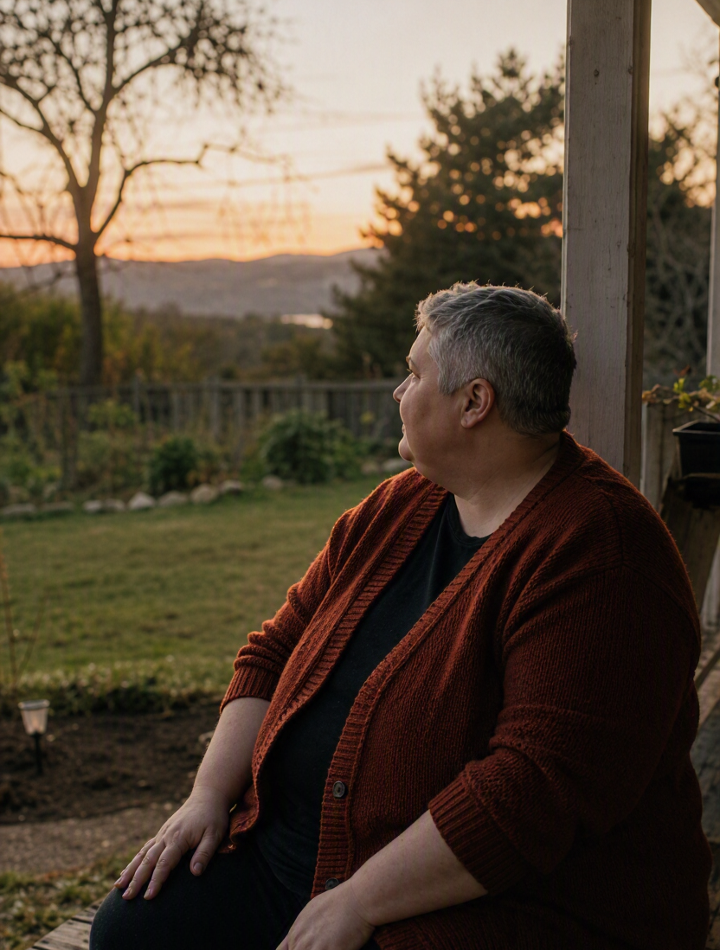 A person with short gray hair sitting outside on a porch, looking towards a sunset with a view of trees and distant hills.