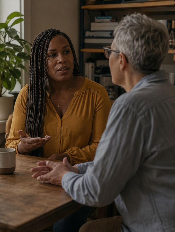 A woman with braided hair in a mustard yellow blouse is engaged in conversation with an older man with gray hair and glasses, sitting at a wooden table in a room with bookshelves and a potted plant in the background.