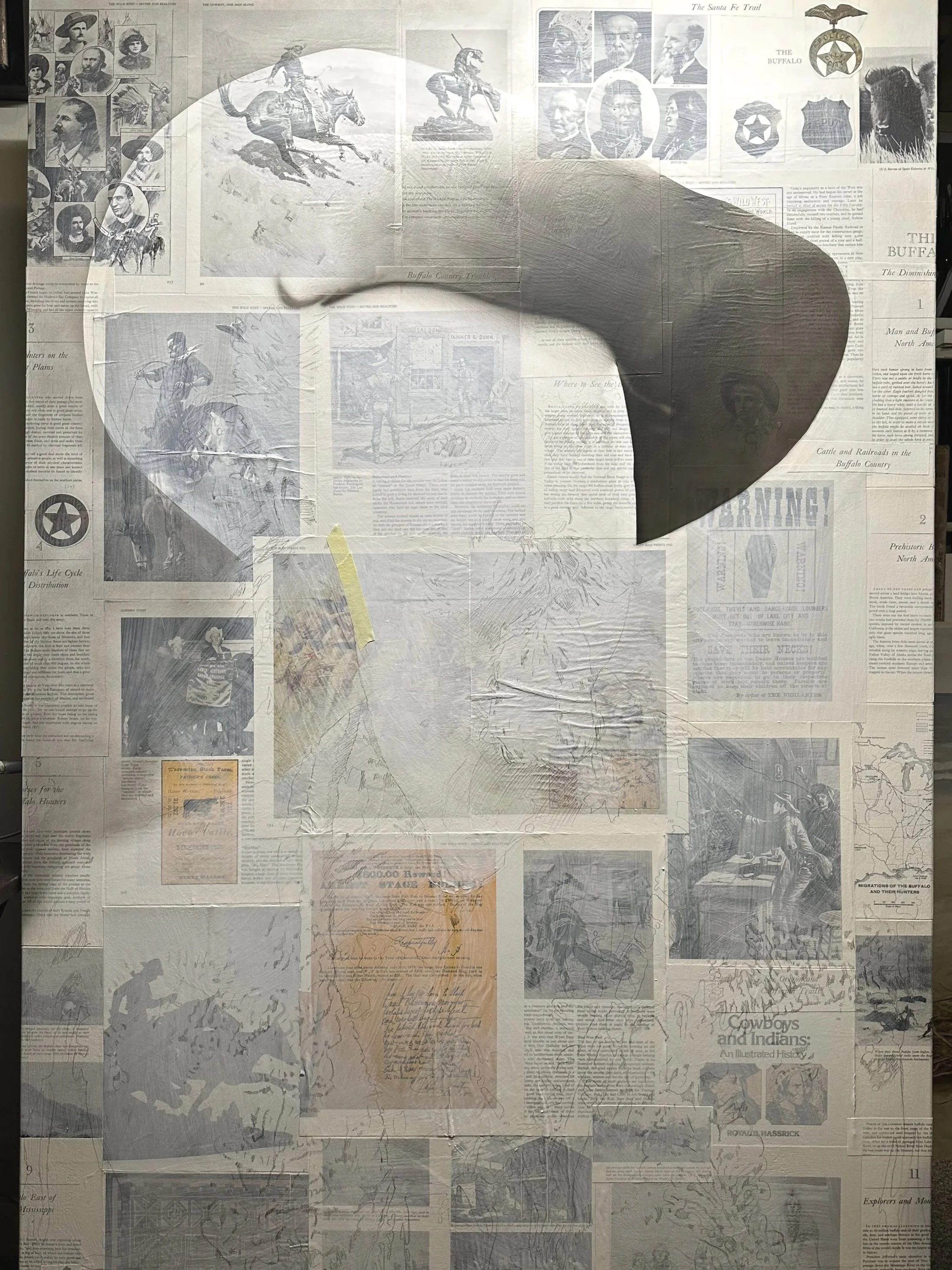 I first added collage to the canvas then I did pencil sketch and then started airbrushing with black acrylic ink.