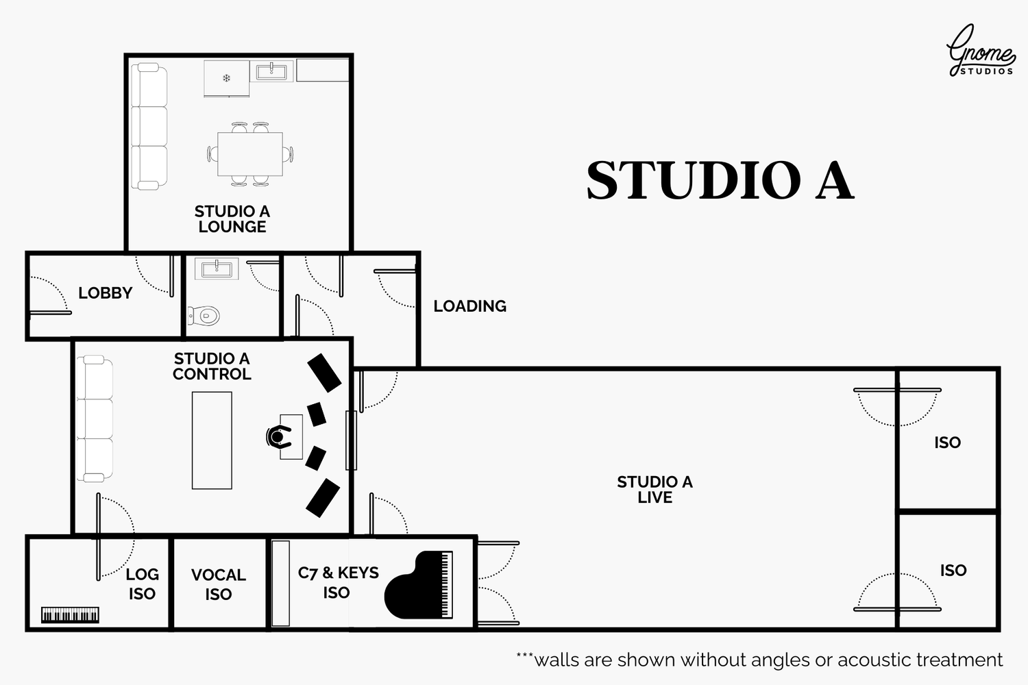 Floor plan of Studio A, featuring a lounge, control room, live room, lobby, loading area, two ISO rooms, and labeled equipment like C7 & Keys, Vocal ISO, and Log ISO.