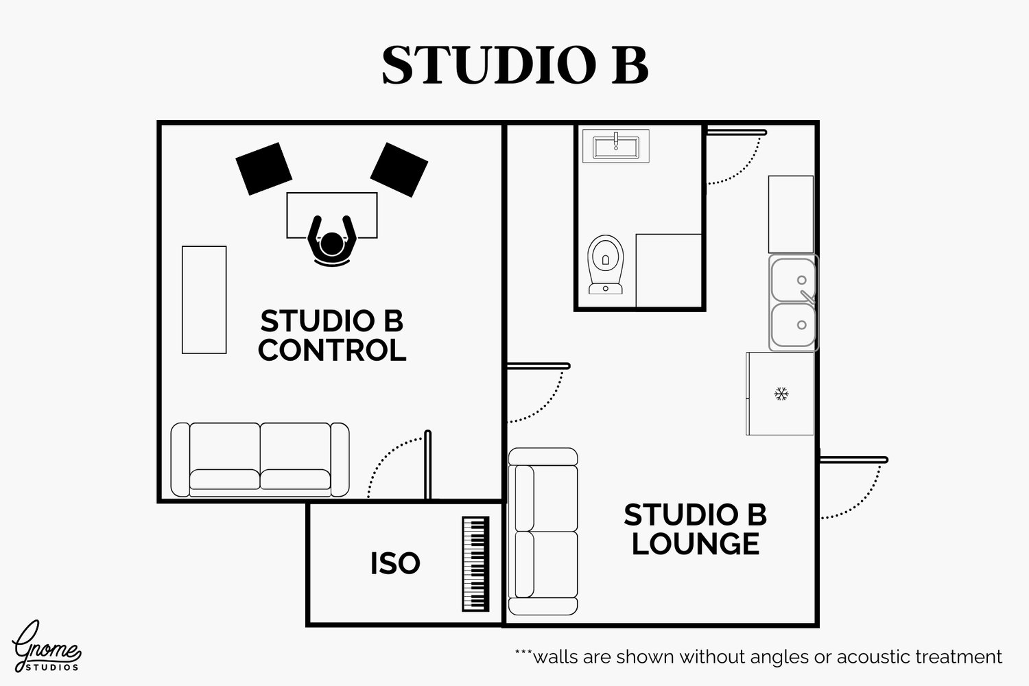Floor plan of Studio B with a control room, lounge area, bathroom, kitchen, and ISO room, all labeled