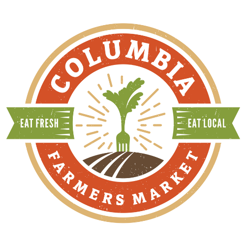 Logo for Columbia Farmers Market with a green plant sprouting from soil, surrounded by orange and green text that says 'Eat Fresh, Eat Local' and 'Farmers Market'.
