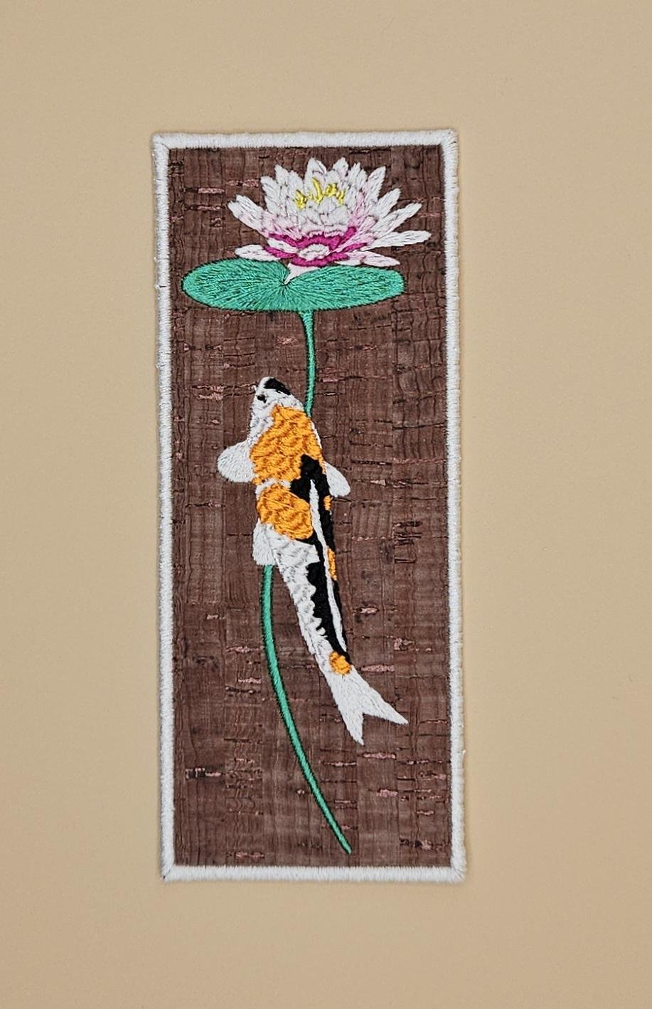 Bookmark: Lilypad and Koi Fish on Brown Cork Fabric, 2.5