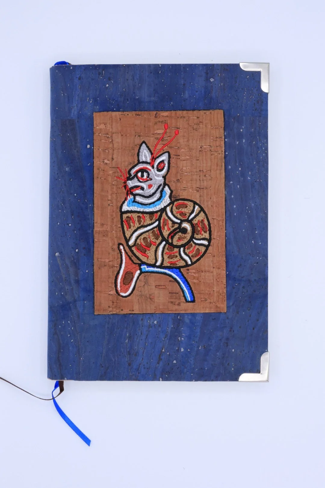 Notebook / Journal: Snail Cat Embroidery, Blue / Brown Cork Cover, Lined Paper, A5