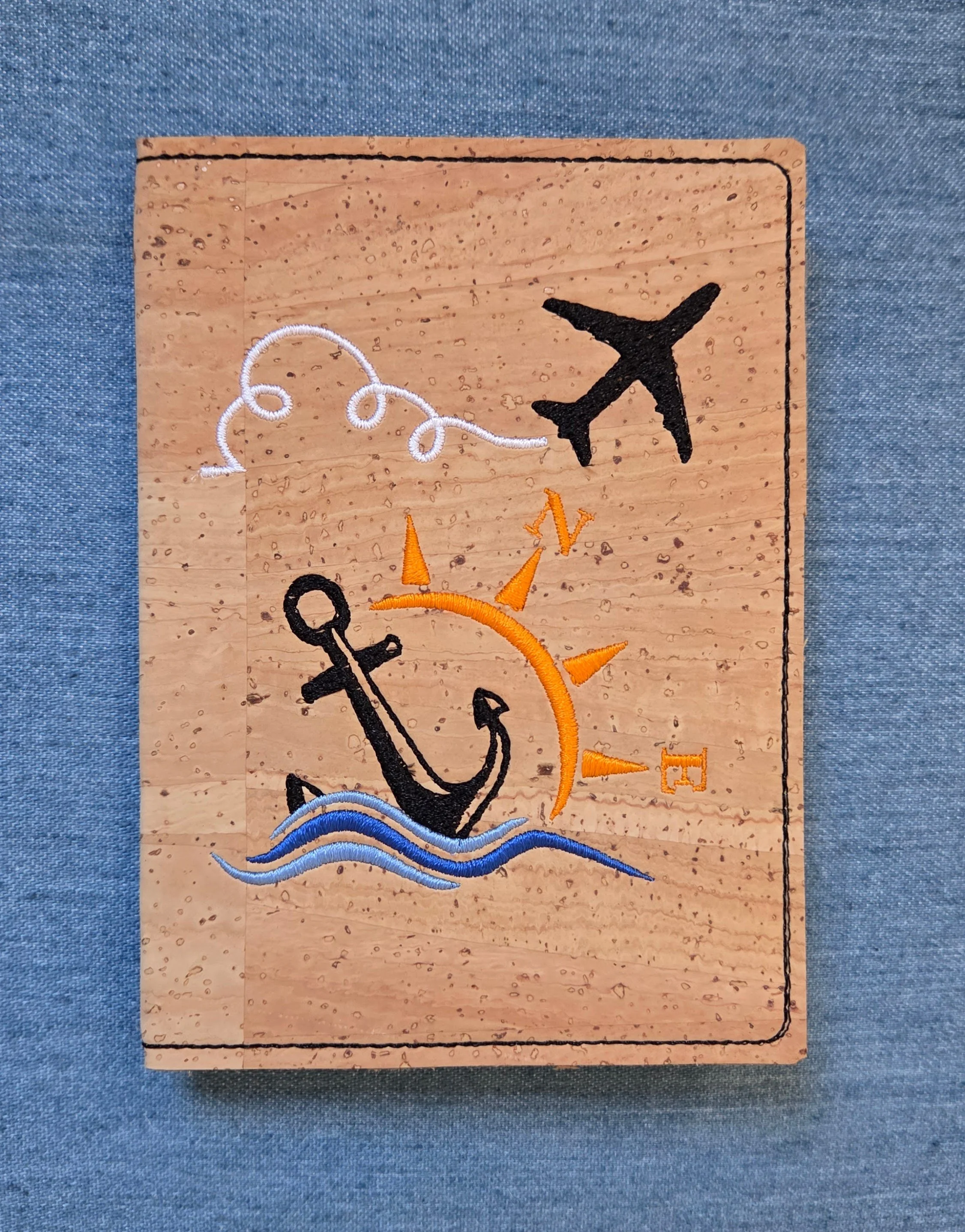 Passport Cover: Anchor Compass Airplane Embroidery, Cork Fabric, RFID Blocking, Card Sleeves, Personalization