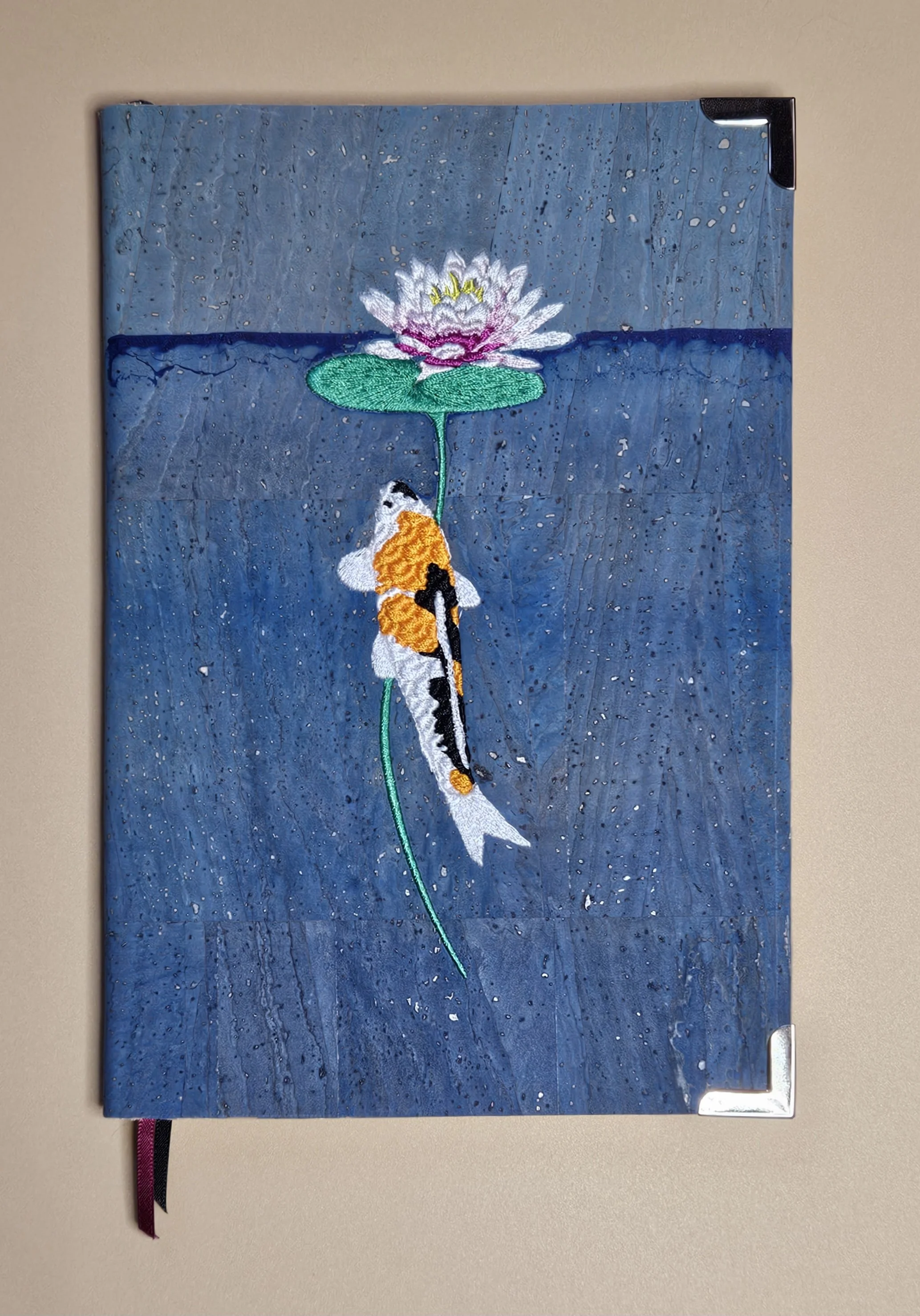 Notebook / Journal: Lily Pad and Koi Fish Embroidery, Blue Ombre Cork Cover, Lined Paper, A5