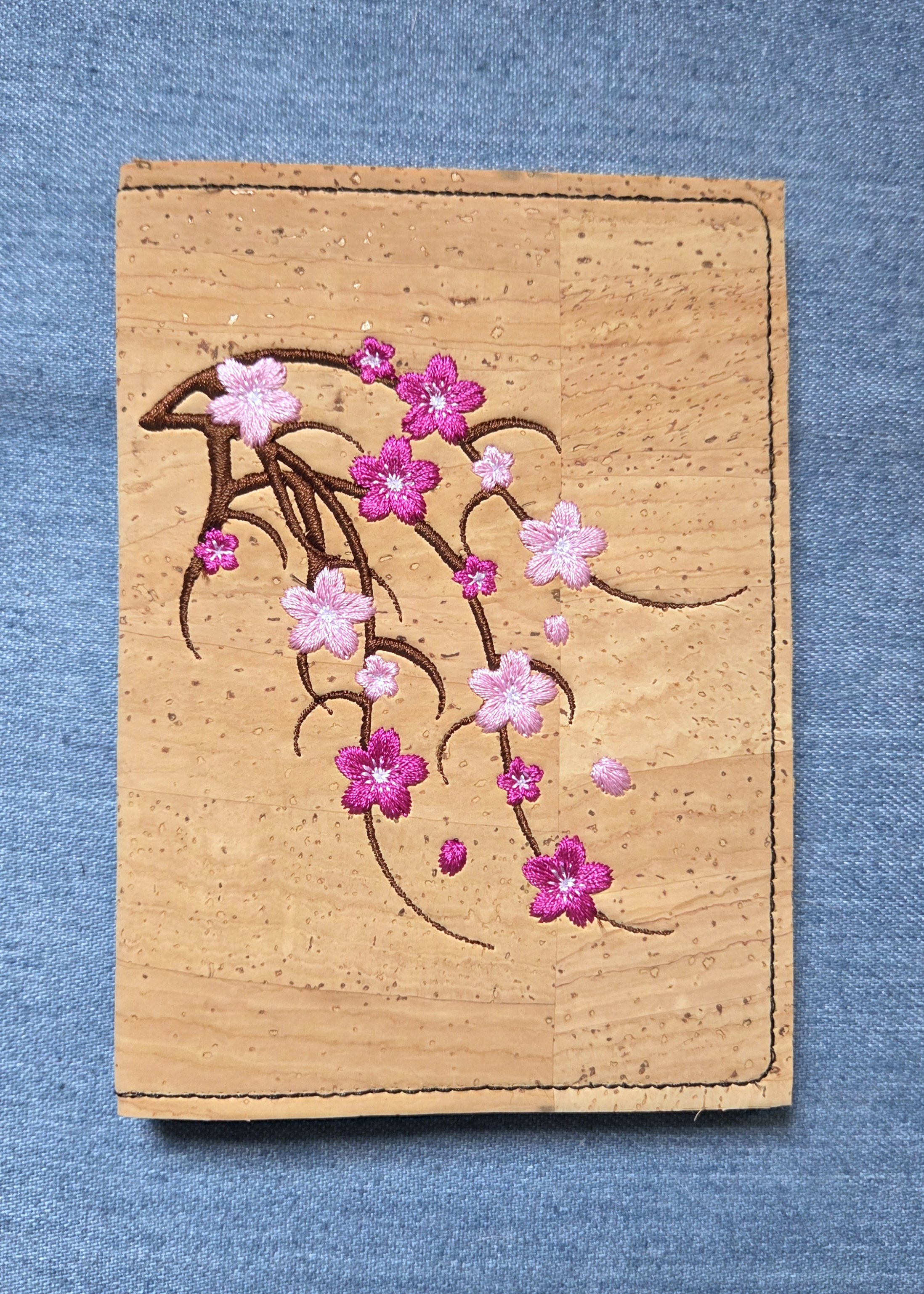 Passport Cover: Cherry Blossom Embroidery, Cork Fabric, RFID Blocking, Card Sleeves, Personalization
