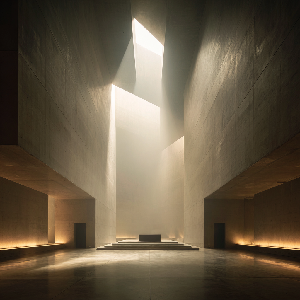 Modern interior with tall concrete walls, stairs, and natural light streaming through a skylight.