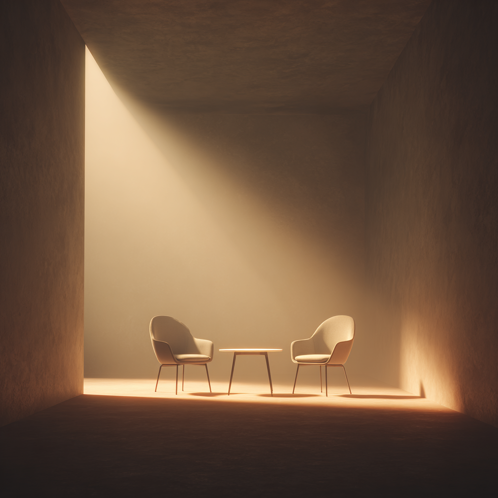 Two armchairs with a small table between them in a dimly lit room with a beam of light shining down.