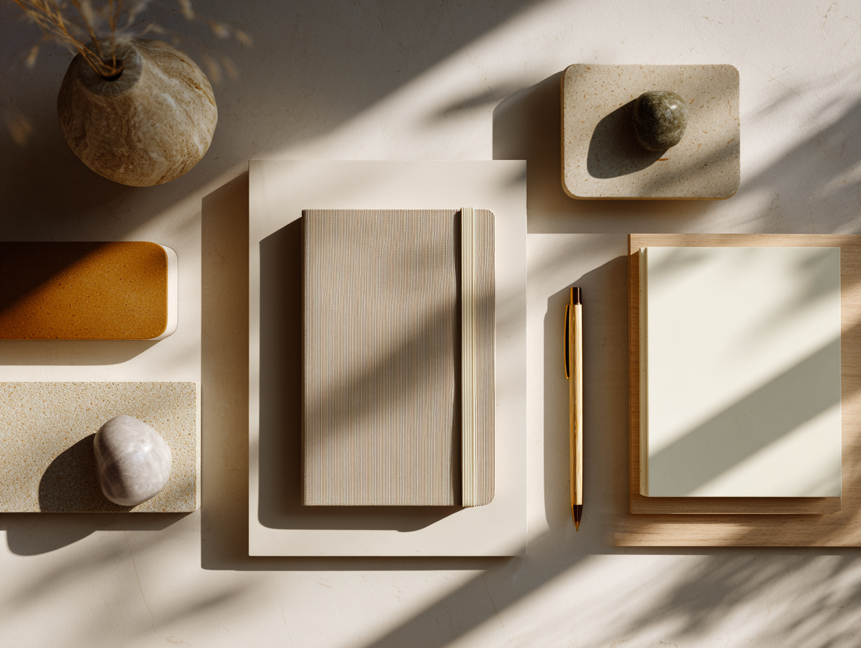 Minimalist desk setup with notebooks, a gold pen, decorative stones, and vases on a light surface, with natural sunlight and shadows.