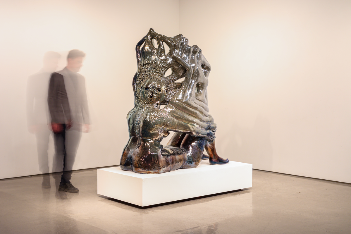 Wæcan (Coming Into Being), Stoneware, In-glaze luster (silver and bismuth), 68” x 24” x 63”, 2023