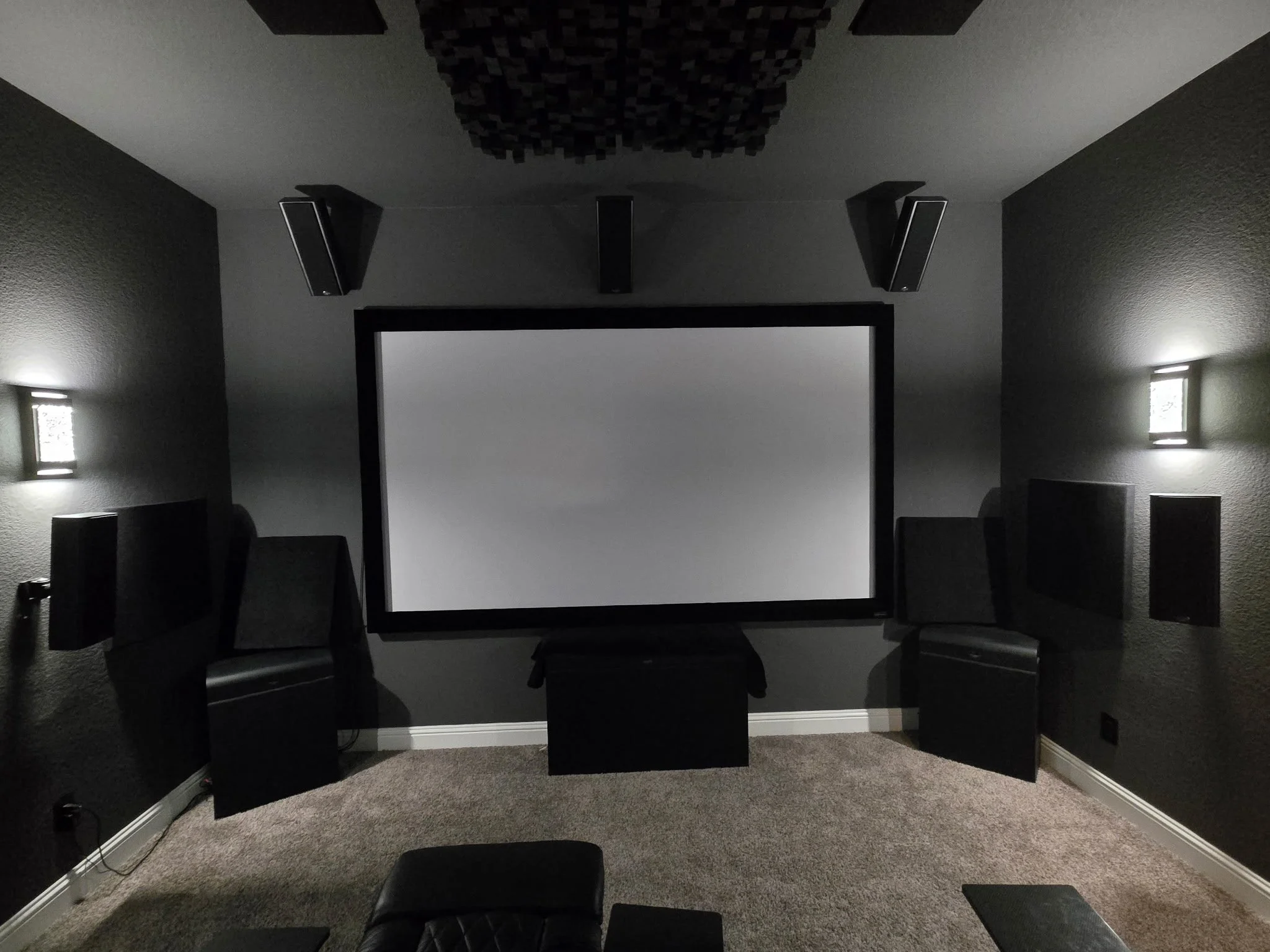 home cinema installation, speakers, movie projector, movie screen, subwoofers, movie player, theater lights, theater seats, in-wall speakers, in-ceiling speakers 