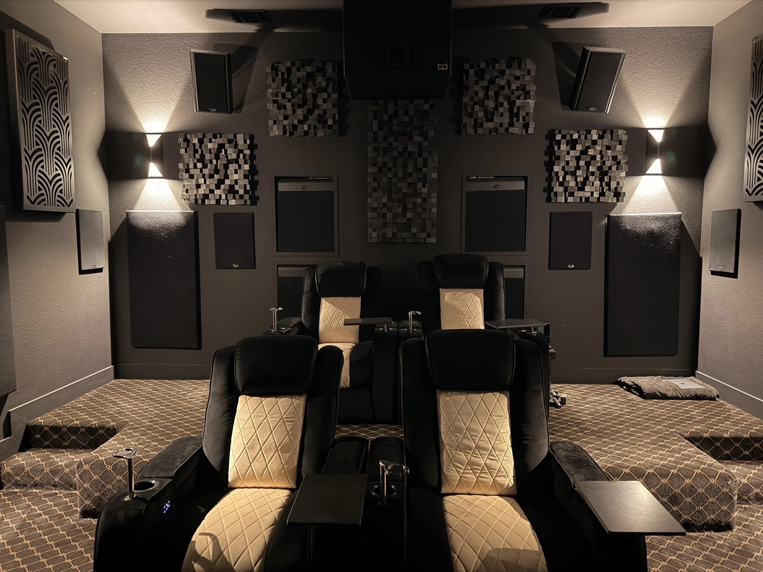 Woodlands Home Theater Showroom back of room showing Valencia Tuscany Seats with Procella Audio Speakers, Woodlands TX, San Antonio TX, Austin TX, Spring TX, Cypress TX, Bridgeland TX, Boerne TX, Kerrville TX