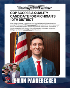 Front page of the Washington Examiner featuring a man named Robert Lulgjuraj
 in a blue suit, red tie, and white shirt, standing in front of an American flag. Headline reads: 'GOP scores a quality candidate for Michigan's 10th District,' with a story