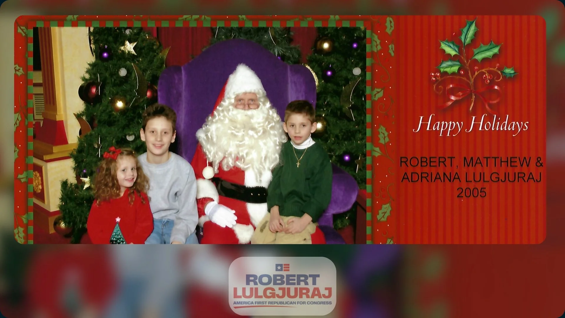 Children sitting with Santa Claus during Christmas, with decorated trees in the background.