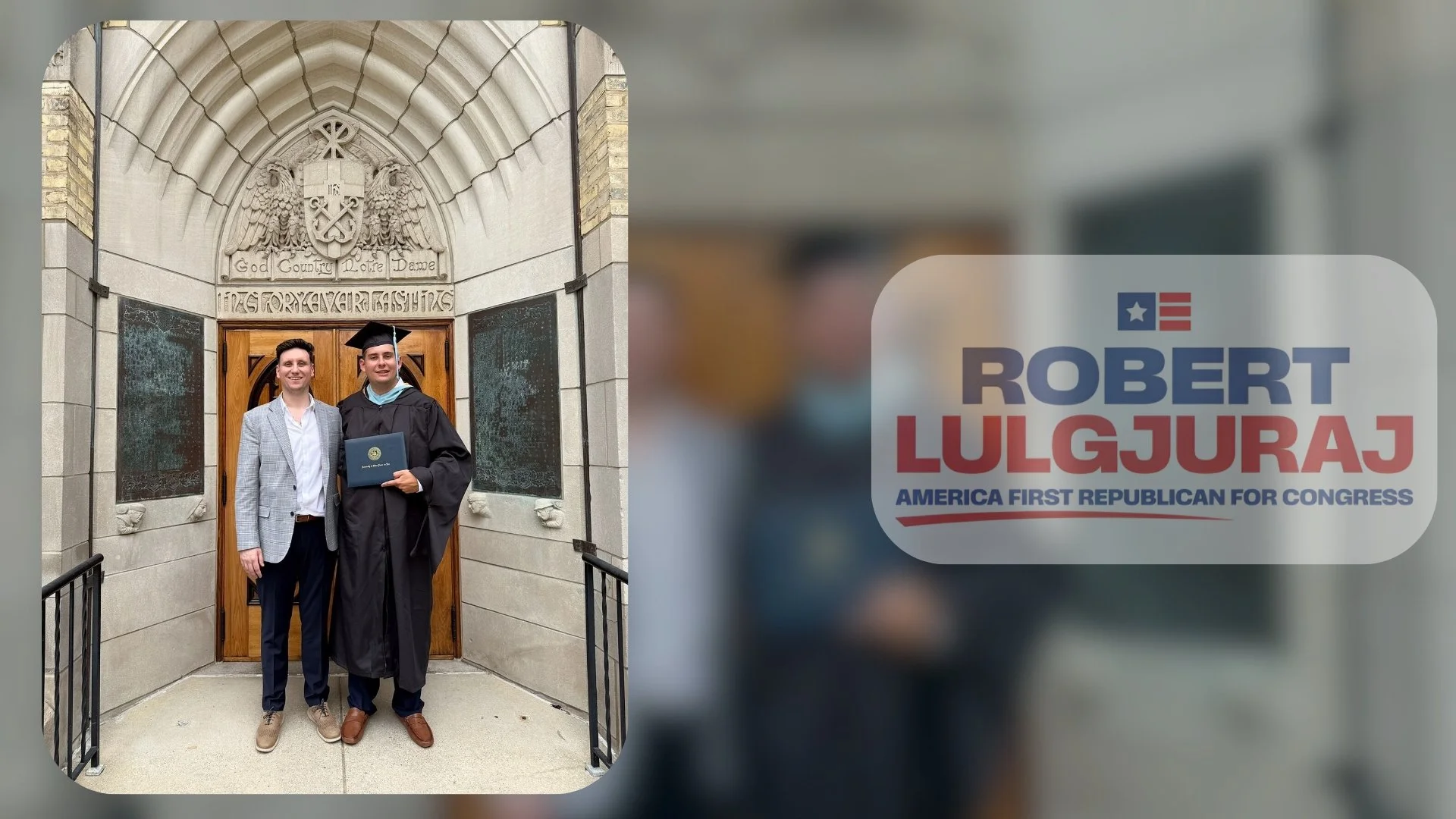 A young man in a graduation cap and gown holding a diploma standing next to a man in a suit outside a building with an archway and crest, likely celebrating his graduation.